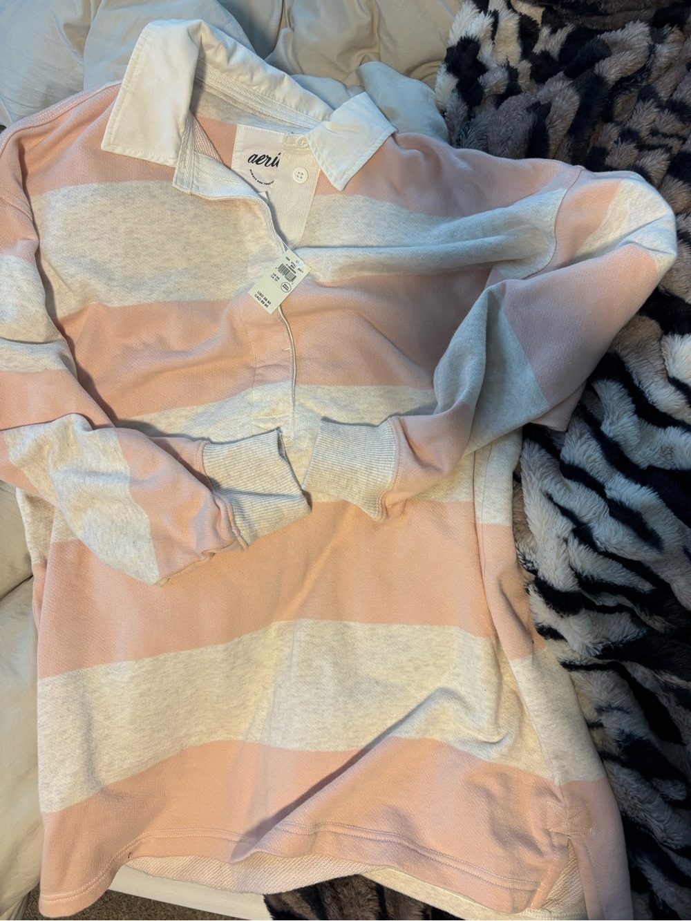 aerie Pink and Cream Striped V-Neck Sweater
